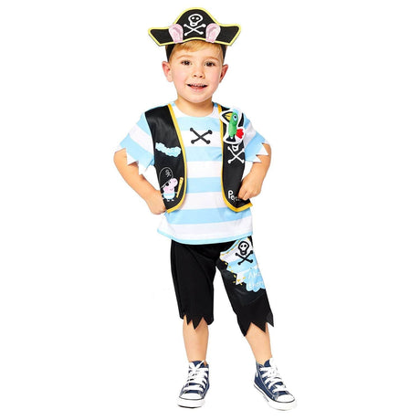 Child wearing Peppa Pig George pirate costume with striped shirt, pirate vest, hat, and shorts