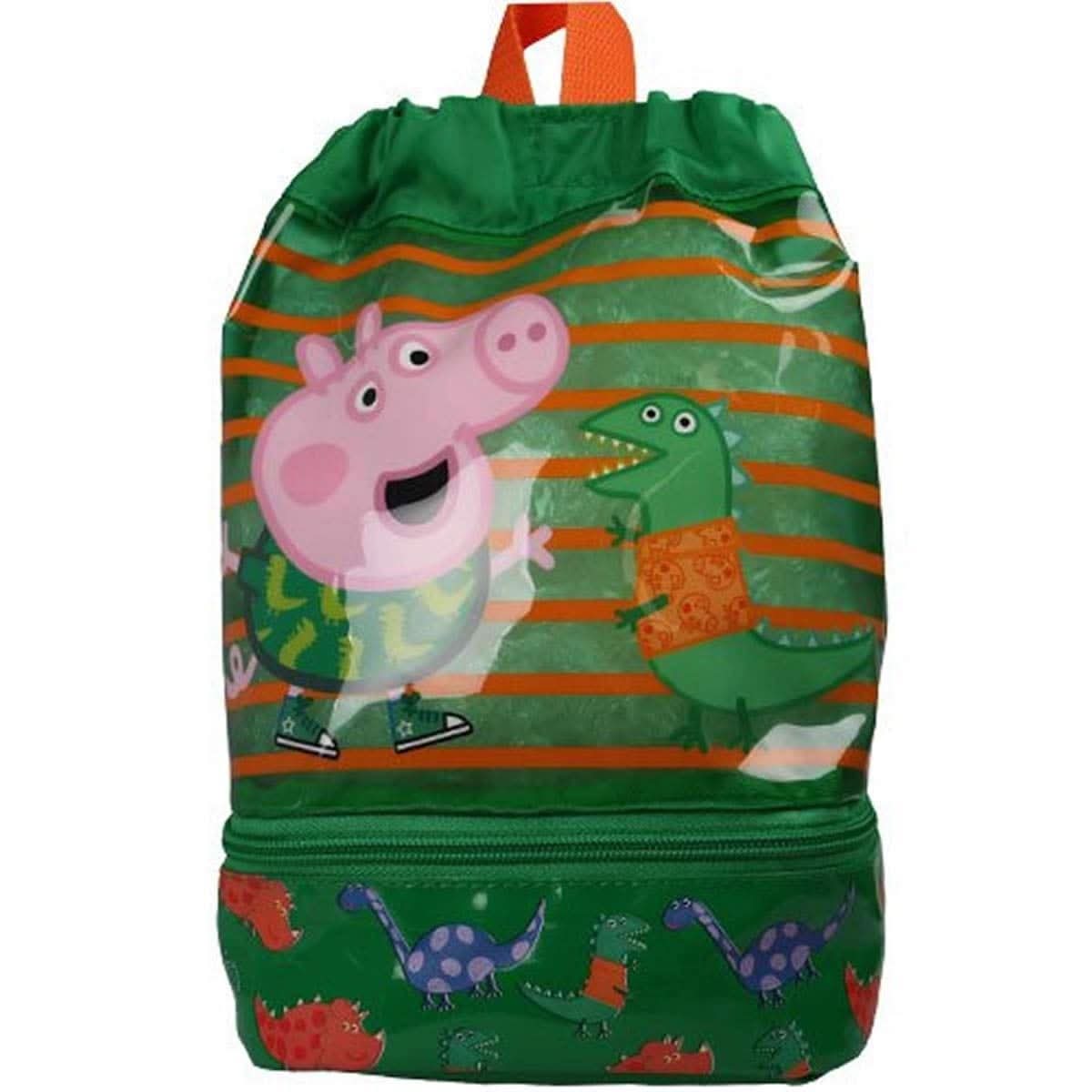 Fancy Dress Peppa Pig George swim bag with green dinosaur design and orange stripes