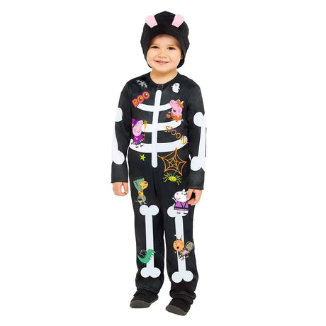 Child wearing Peppa Pig skeleton costume with colorful character prints and black hat with ears