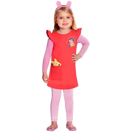 Peppa Pig toddler costume featuring red dress with character print and pink ears headband