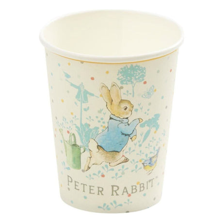 Peter Rabbit party cups featuring classic illustration of Peter Rabbit in blue jacket for children’s celebrations