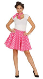 Woman wearing a pink polka dot skirt and white top 1950s rock and roll costume from Womens Fancy Dress