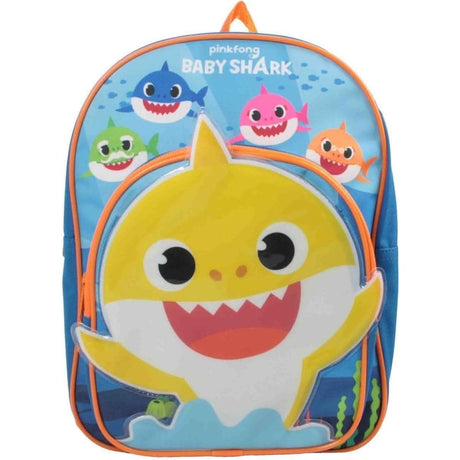 Baby Shark backpack with music featuring colorful shark characters and orange trim for kids