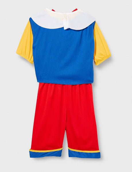 CLICKK Home Store Pinocchio costume for kids with blue top, yellow sleeves, white collar, and red shorts