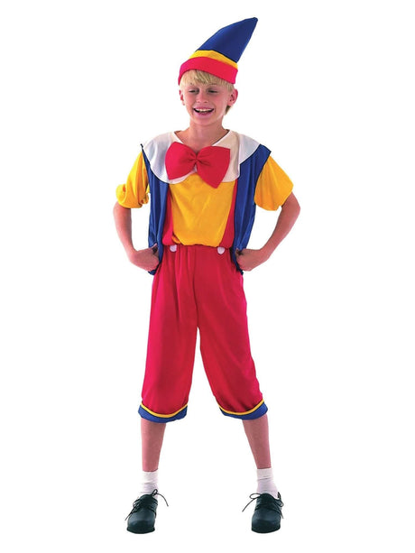Child wearing a colorful Pinocchio costume for kids with yellow shirt red pants and blue hat