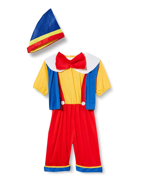 Pinocchio costume for kids with blue hat, red bow tie, yellow shirt, blue vest, and red pants