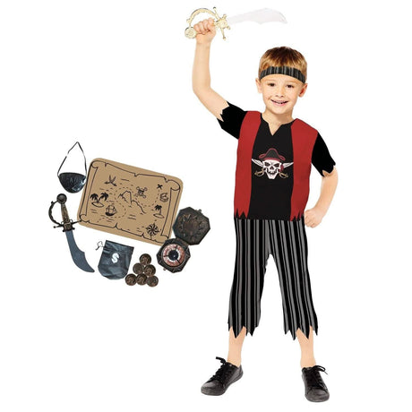 Boy wearing pirate costume for kids with striped pants, red vest, skull shirt, headband, and toy sword with accessories