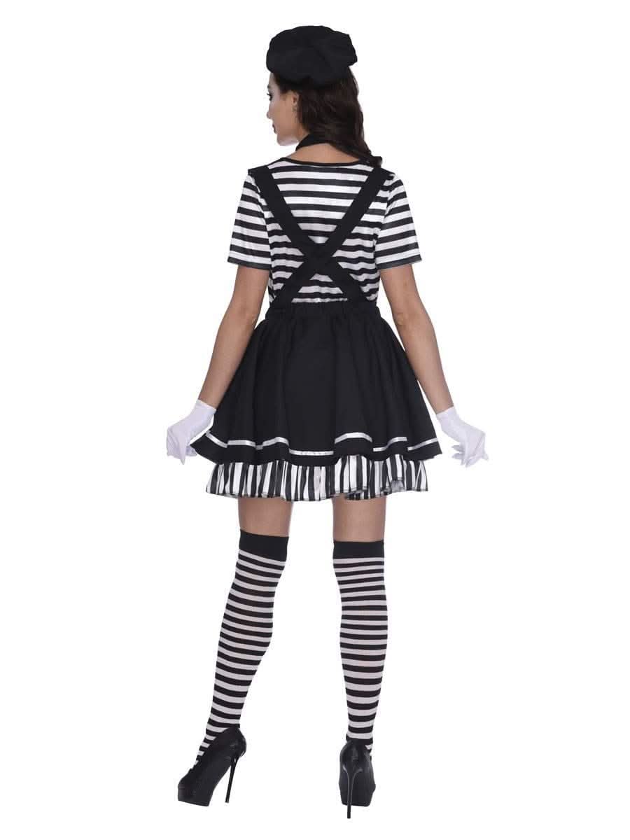 Back view of plus size French mime costume featuring striped shirt, black skirt with suspenders, striped stockings, white gloves, and black beret
