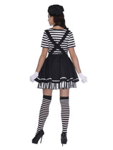 Back view of plus size French mime costume featuring striped shirt, black skirt with suspenders, striped stockings, white gloves, and black beret