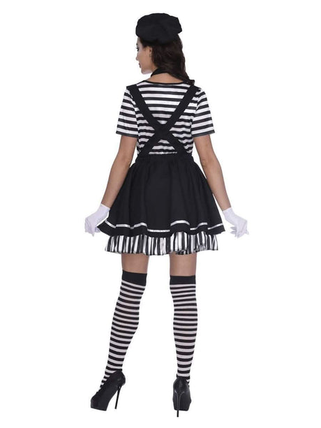 Back view of plus size French mime costume featuring striped shirt, black skirt with suspenders, striped stockings, white gloves, and black beret