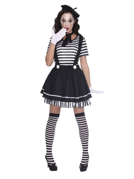 Woman wearing plus size French mime costume with striped top, suspenders, skirt, beret, and gloves