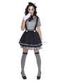 Woman wearing plus size French mime costume with striped top, suspenders, skirt, beret, and gloves