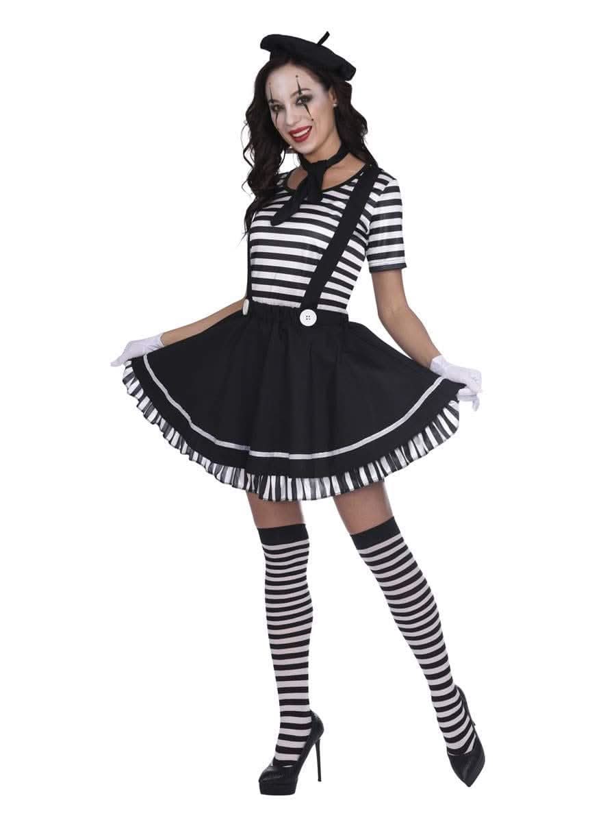 Fancy Dress plus size French mime costume with striped top, black skirt, beret, gloves, and striped thigh-high socks