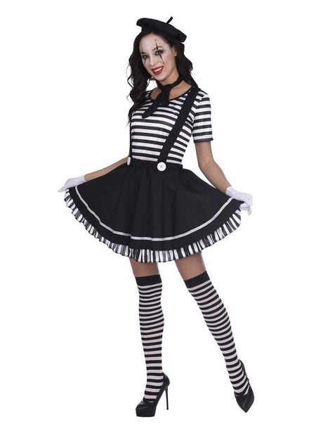 Fancy Dress plus size French mime costume with striped top, black skirt, beret, gloves, and striped thigh-high socks