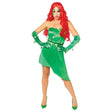 Womens Fancy Dress Poison Ivy costume women with green dress, matching gloves, and red wig