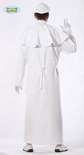 Back view of a man wearing a pope costume for adults in white with matching hat and cape
