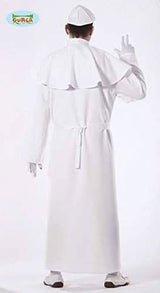 Back view of a man wearing a pope costume for adults in white with matching hat and cape
