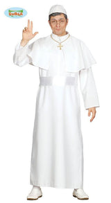 Man wearing a white pope costume for adults with a cape, cross necklace, and skullcap