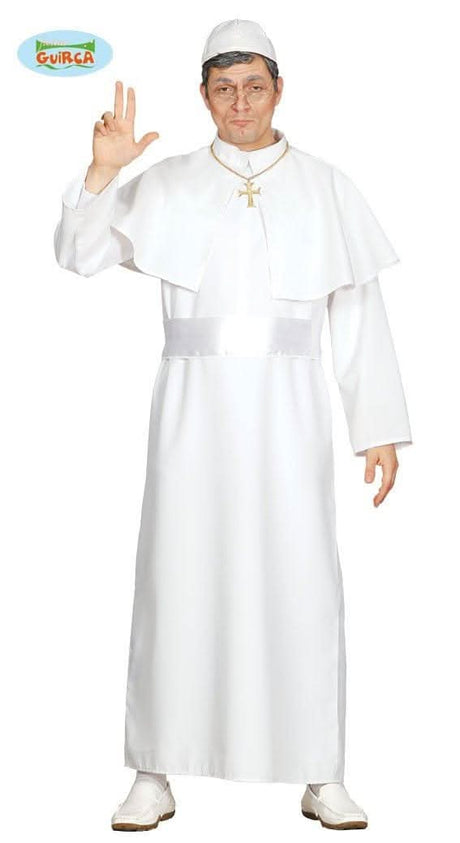 Man wearing a white pope costume for adults with a cape, cross necklace, and skullcap
