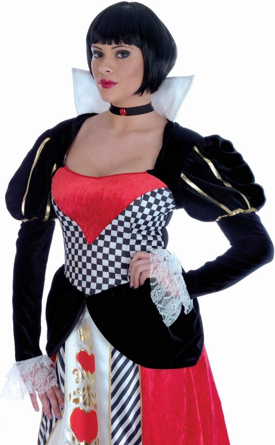 Queen of hearts costume women with black and red dress featuring checkered pattern and heart details
