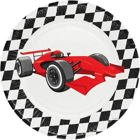 Racing car party plates featuring a red race car and black and white checkered border