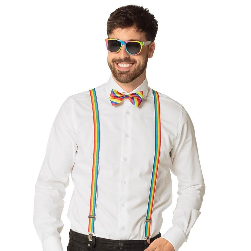 Man wearing rainbow suspenders bow tie and sunglasses as rainbow costume accessories by Mens Fancy Dress