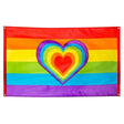 Rainbow heart flag with vibrant rainbow stripes and a multi-colored heart in the center