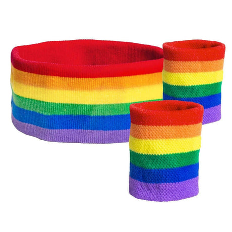 Rainbow-colored sweatband set for sports including one headband and two wristbands by CLICKK Home Store
