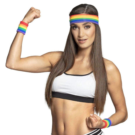 Woman wearing rainbow sweatband set for sports including wristbands and a headband with athletic wear