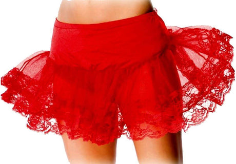 Red lace petticoat skirt with layered lace design by Womens Fancy Dress for stylish costume looks