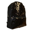 Black reversible sequin backpack for girls with front zipper pocket and adjustable straps