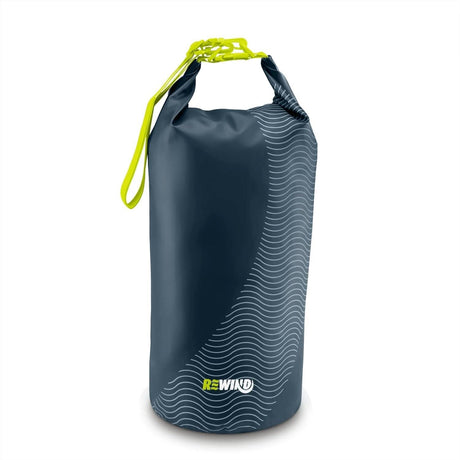 Blue dry bag 22L with yellow handle and wave pattern for waterproof storage