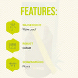 Features of blue dry bag 22L including waterproof, robust design, and floating capability