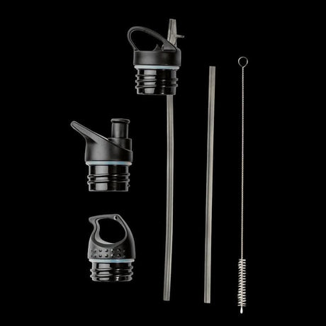 Replacement accessories for eco-friendly water bottle including straws and caps in black