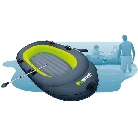 Inflatable family boat in gray and green with oars, perfect for lakes and rivers