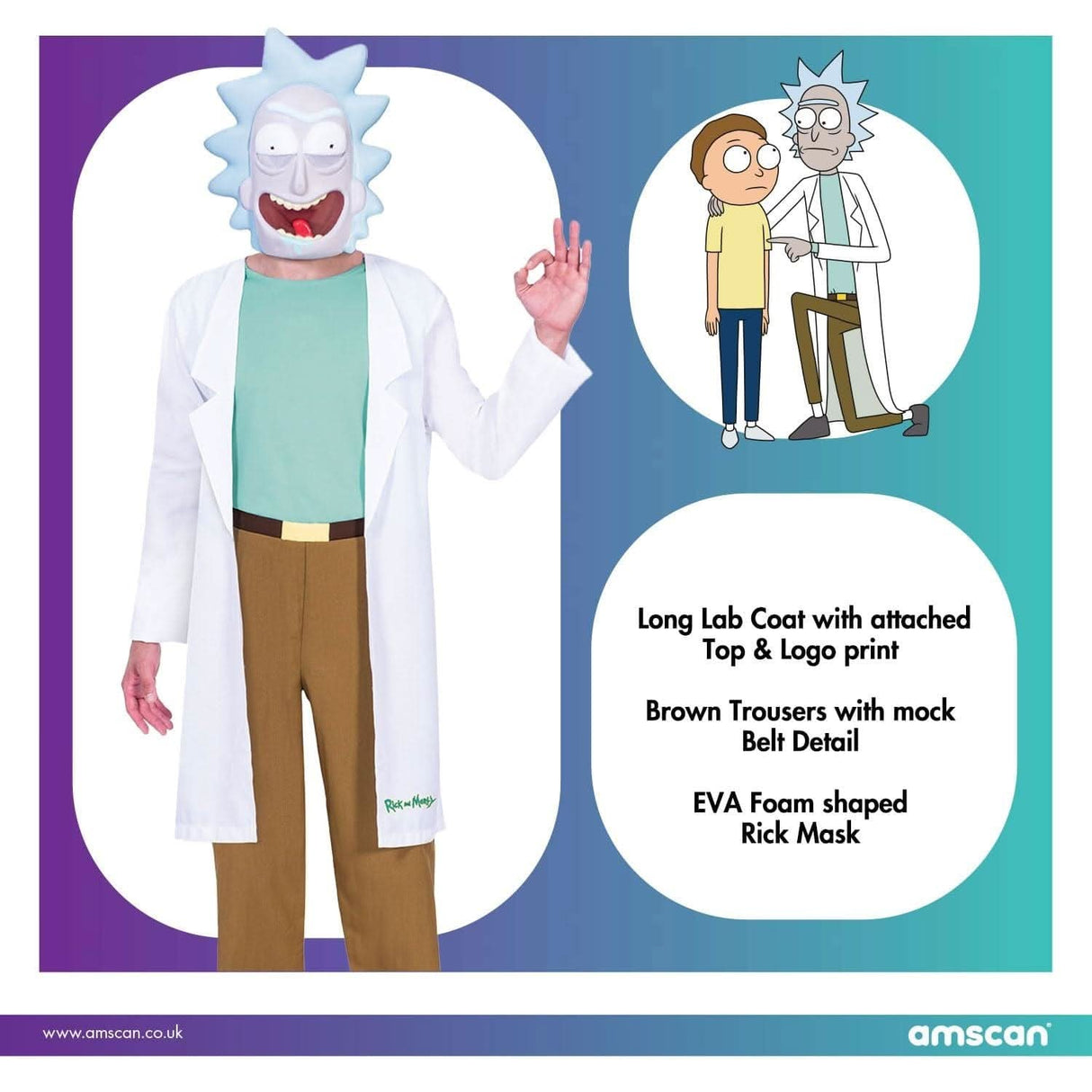 Rick and Morty costume XL with long lab coat, brown trousers, and EVA foam shaped Rick mask