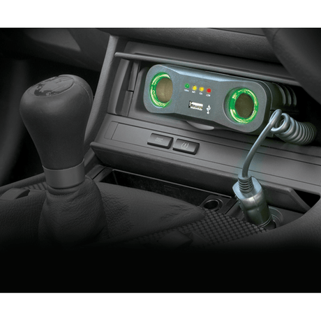 Portable car charger adapter with dual USB ports and LED indicators for easy charging on the go