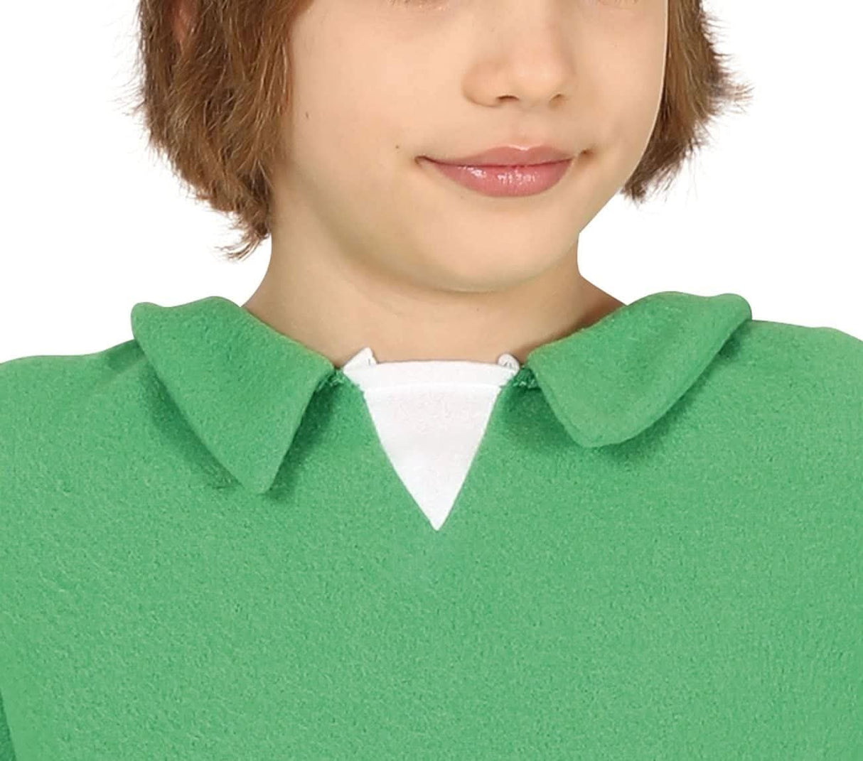 Close-up of child wearing green Robin Hood costume for kids with pointed collar and white undershirt