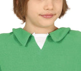 Close-up of child wearing green Robin Hood costume for kids with pointed collar and white undershirt