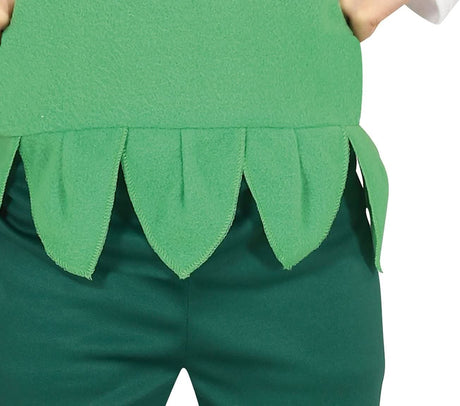 Close-up of green fabric detail from Kids Fancy Dress Robin Hood costume for kids with leaf-shaped trim
