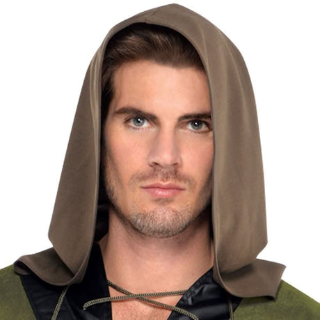 Close-up of man wearing brown hood from Robin Hood costume for men by Mens Fancy Dress