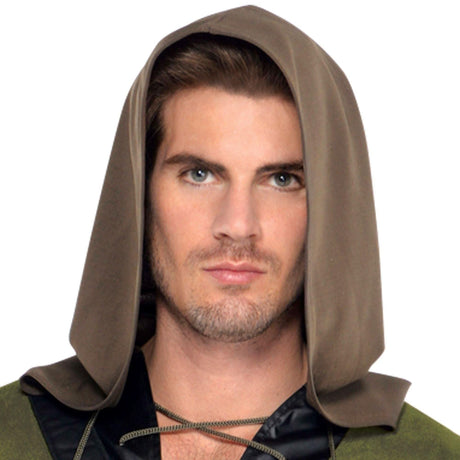 Close-up of man wearing green and brown Robin Hood costume for men with hood and lace-up neckline