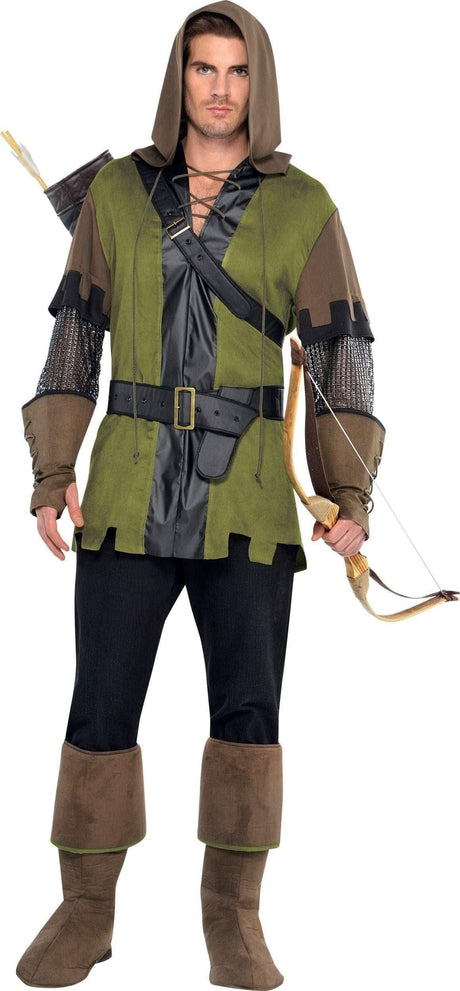 Mens Fancy Dress Robin Hood costume for men with green tunic, brown hood, black pants, and bow