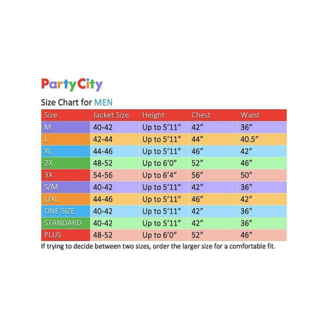 Size chart for Mens Fancy Dress Robin Hood costume for men showing jacket size height chest and waist measurements