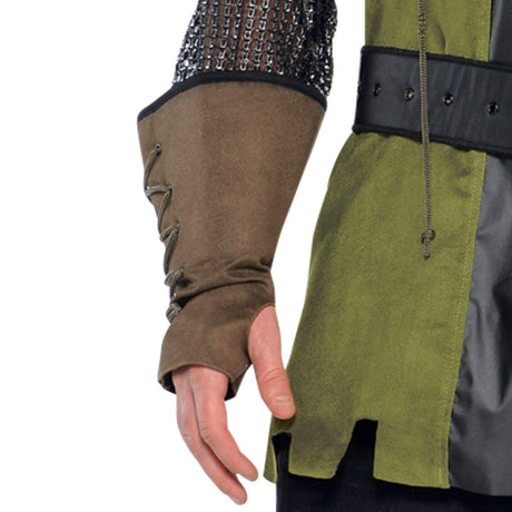Close-up of sleeve and belt detail on green and brown Robin Hood costume for men by Mens Fancy Dress