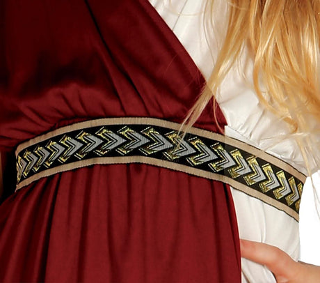 Close-up of the detailed embroidered belt on a Roman empress costume for girls in red and white fabric