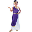 Roman girl costume for kids featuring a white and purple dress with gold trim and matching headband