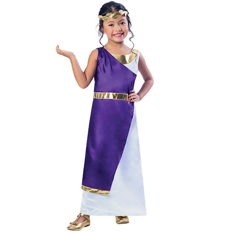 Roman girl costume for kids featuring a white and purple dress with gold trim and matching headband