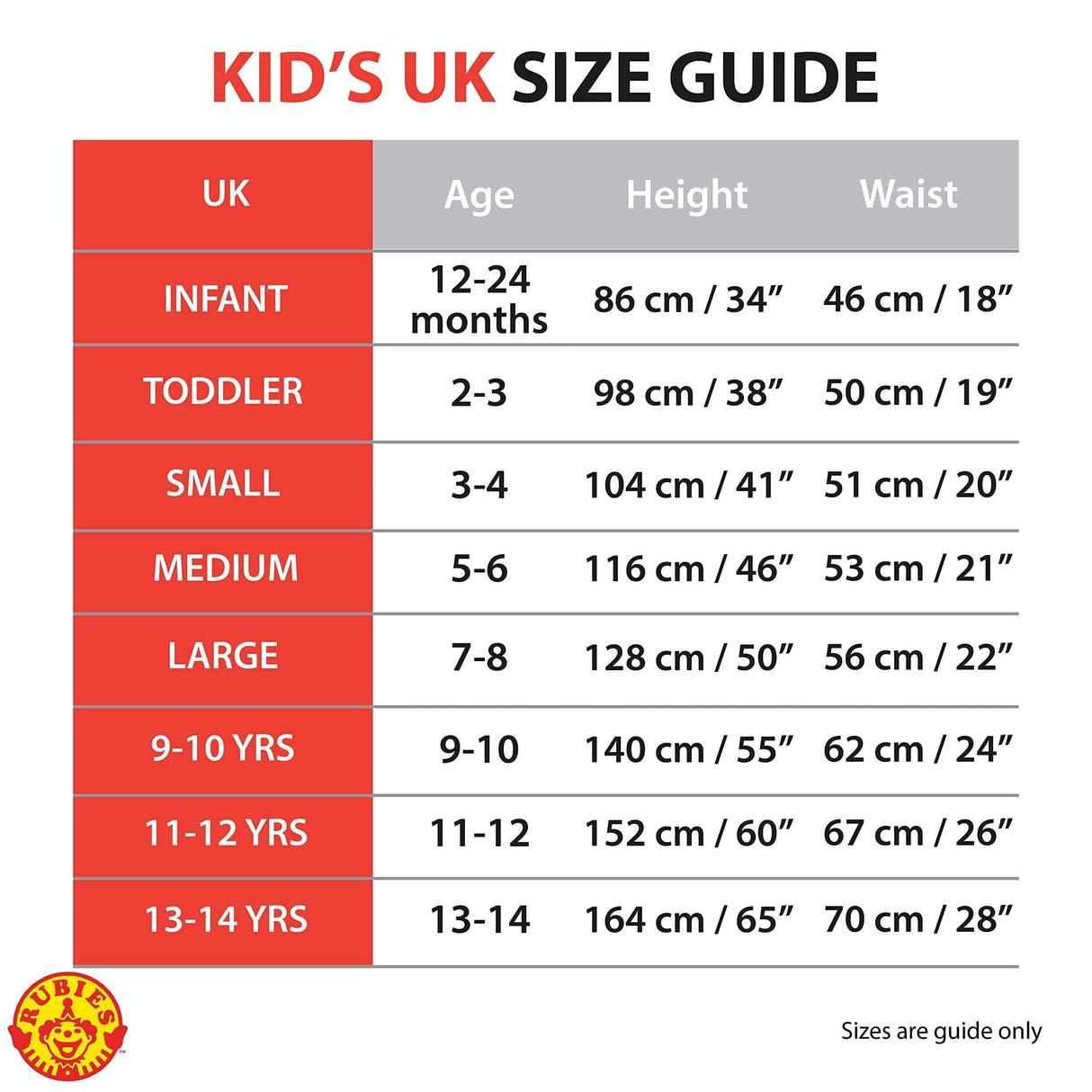 Toddler vampire costume size guide chart with UK sizes, age, height, and waist measurements for kids