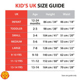 Toddler vampire costume size guide chart with UK sizes, age, height, and waist measurements for kids